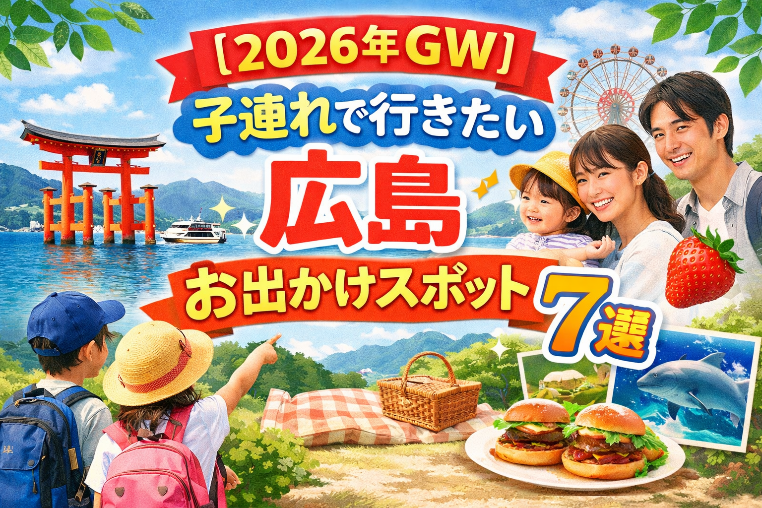 2026年GWに子連れで行きたい広島のお出かけスポット7選のアイキャッチ画像。宮島や家族連れの写真、いちご、水族館のイメージを含む。