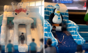 こんこんウォーターパークでスライダーに乗る小学生