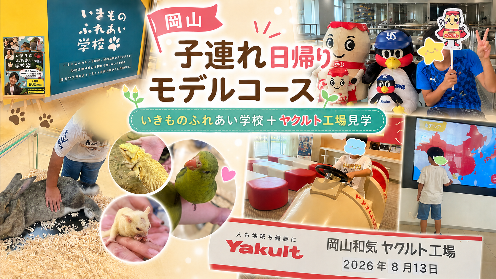 小学生と楽しむ岡山日帰りモデルコース。いきものふれあい学校と岡山和気ヤクルト工場見学